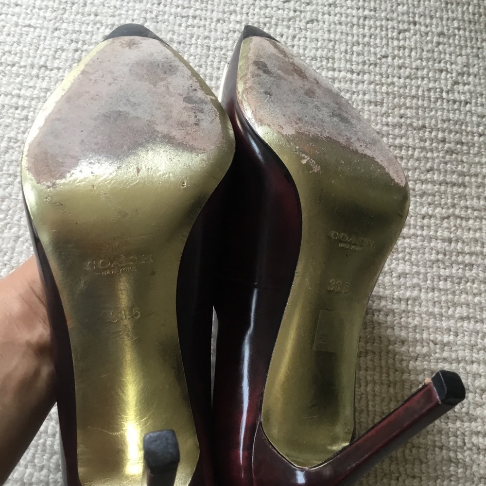 Coach Burgundy Patent Pointed-Toe Pumps with Gold Toe Plate - Picture 5 of 13